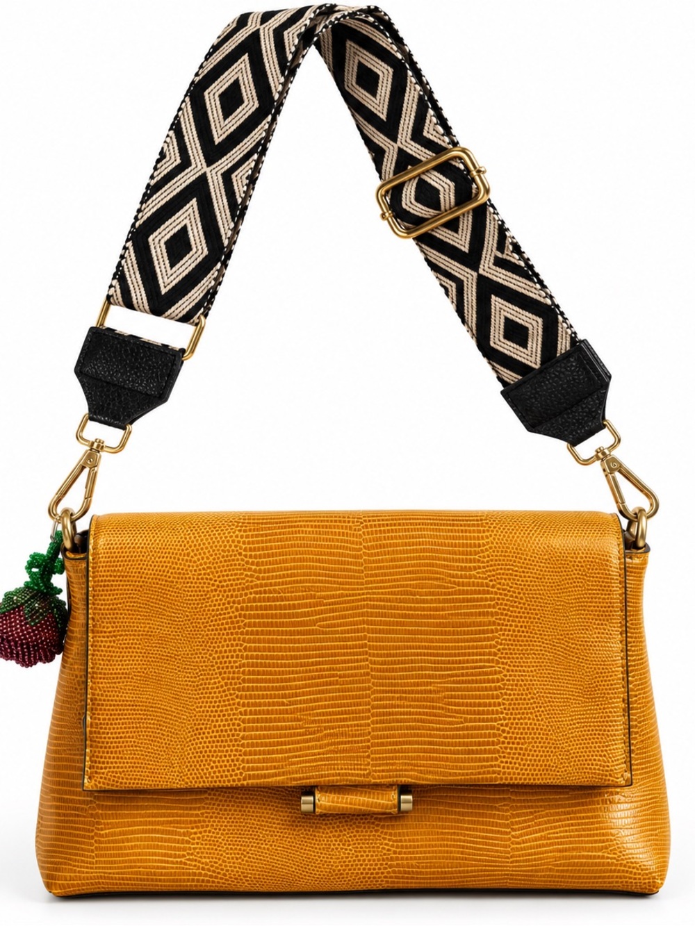 Olsen Europe Mustard Embossed Crossbody Bag | Statement Strap + Beaded Charm